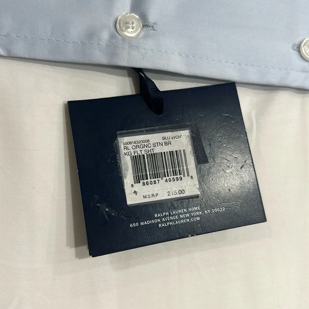 Ralph Lauren RL Organic Sateen Border King Flat Sheet Blue NWT $215
